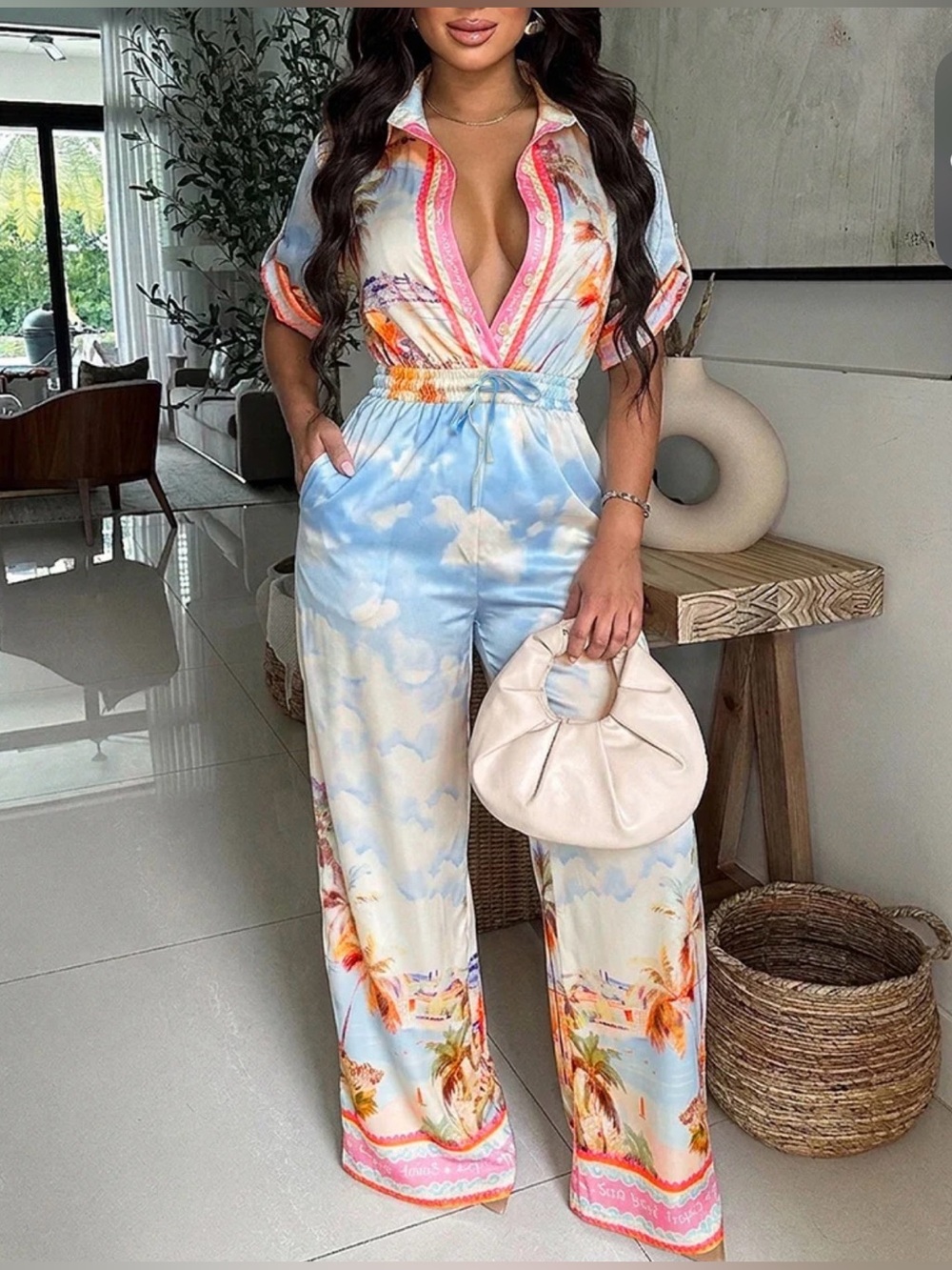 Women’s Cloud Print Wide-Leg Jumpsuit - Blue